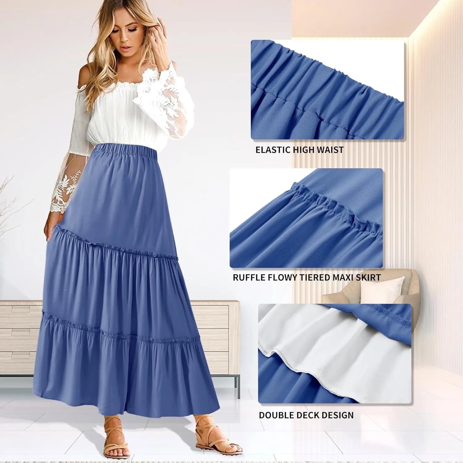 BOMAROLAN Women's Maxi Skirts Summer Elastic High Waist Boho Flowy Skirt A Line Long Skirts Ruffle Swing Beach Skirts