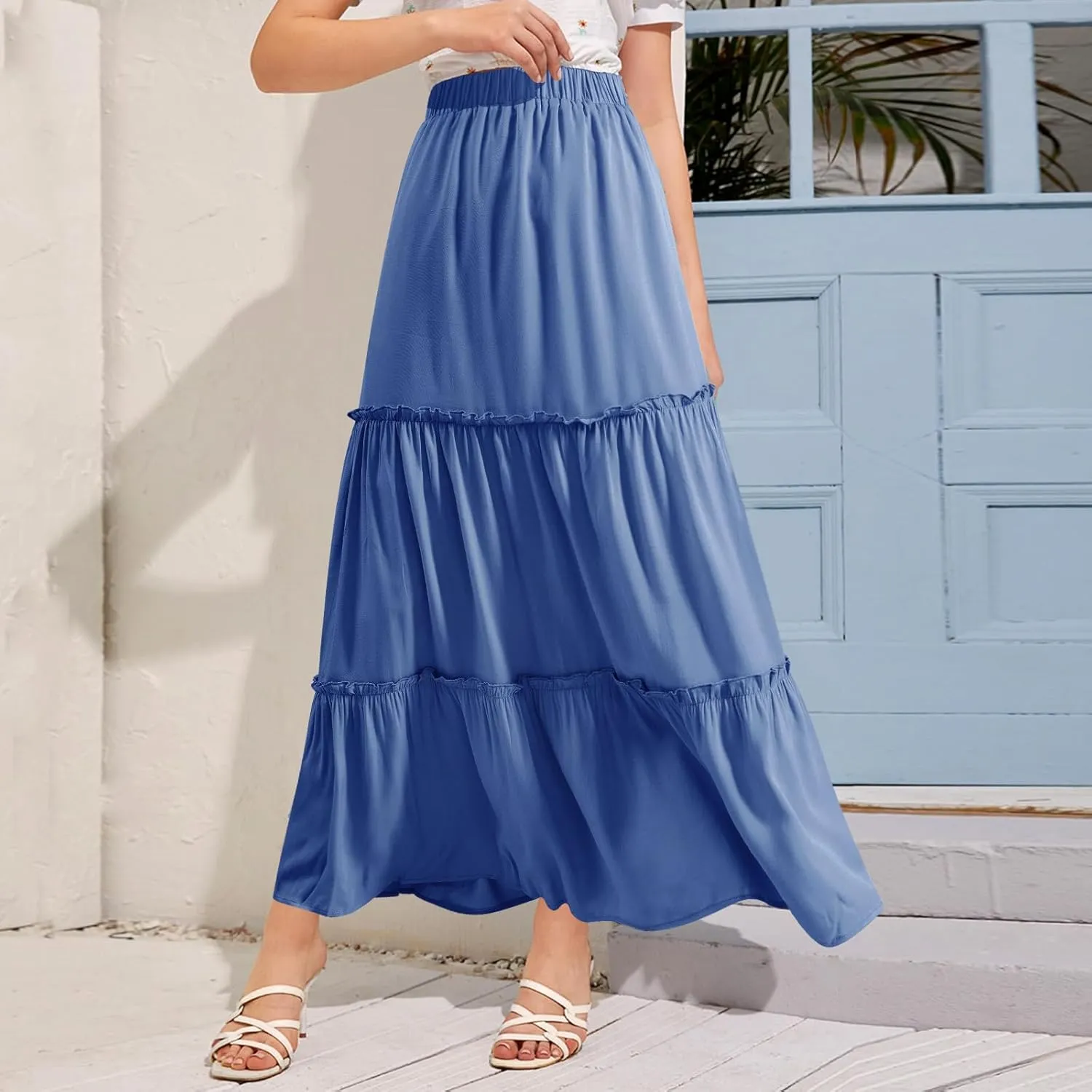 BOMAROLAN Women's Maxi Skirts Summer Elastic High Waist Boho Flowy Skirt A Line Long Skirts Ruffle Swing Beach Skirts