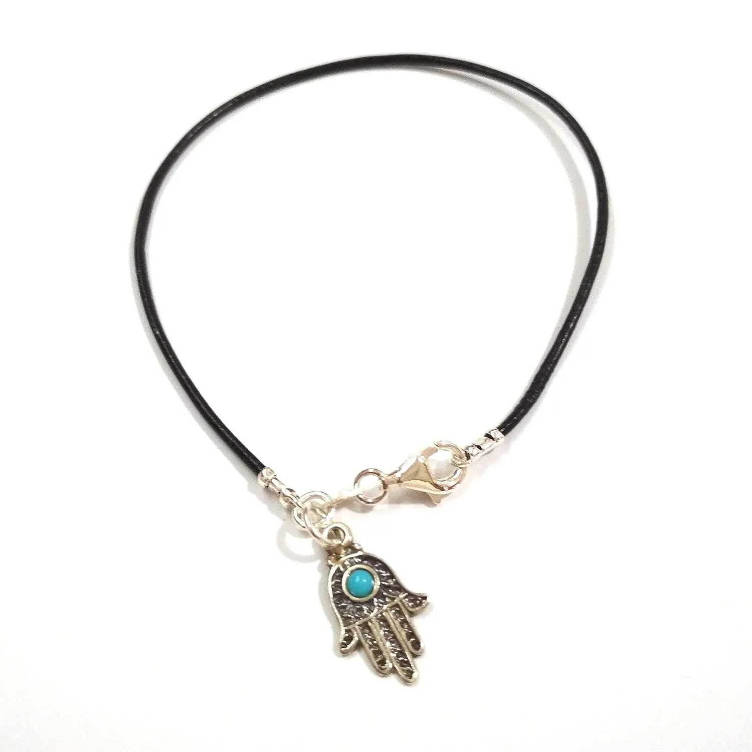 Bracelet or Anklet 2mm Black Leather Cord with 925 Sterling Silver Gemstone HAMSA Hand Charm