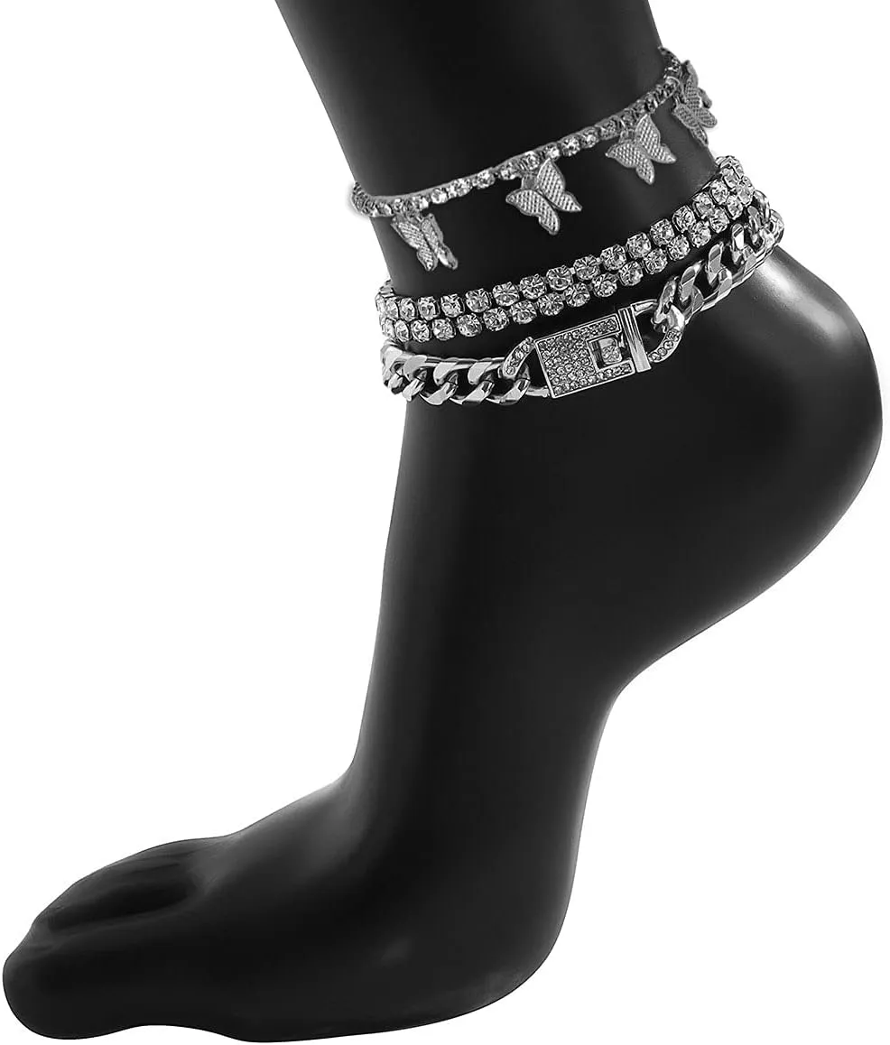 Butterfly Ankle Bracelet for Women Rhinestone Anklets Bulk Adjustable Layered Beach Ankle Bracelet Braided Chain Anklet Charm Ankle Bracelet Jewerly Gift