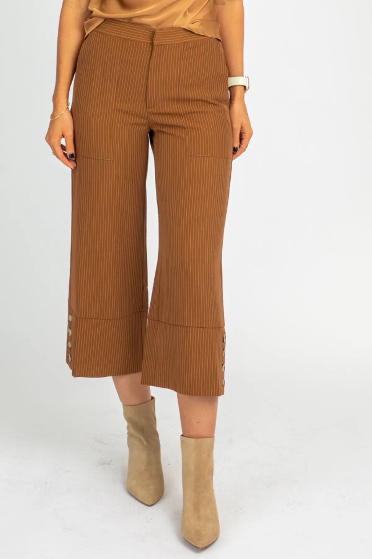 CAMEL PINSTRIPE WIDE LEG TROUSERS
