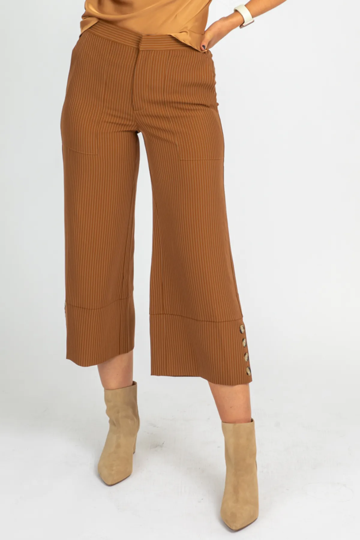 CAMEL PINSTRIPE WIDE LEG TROUSERS