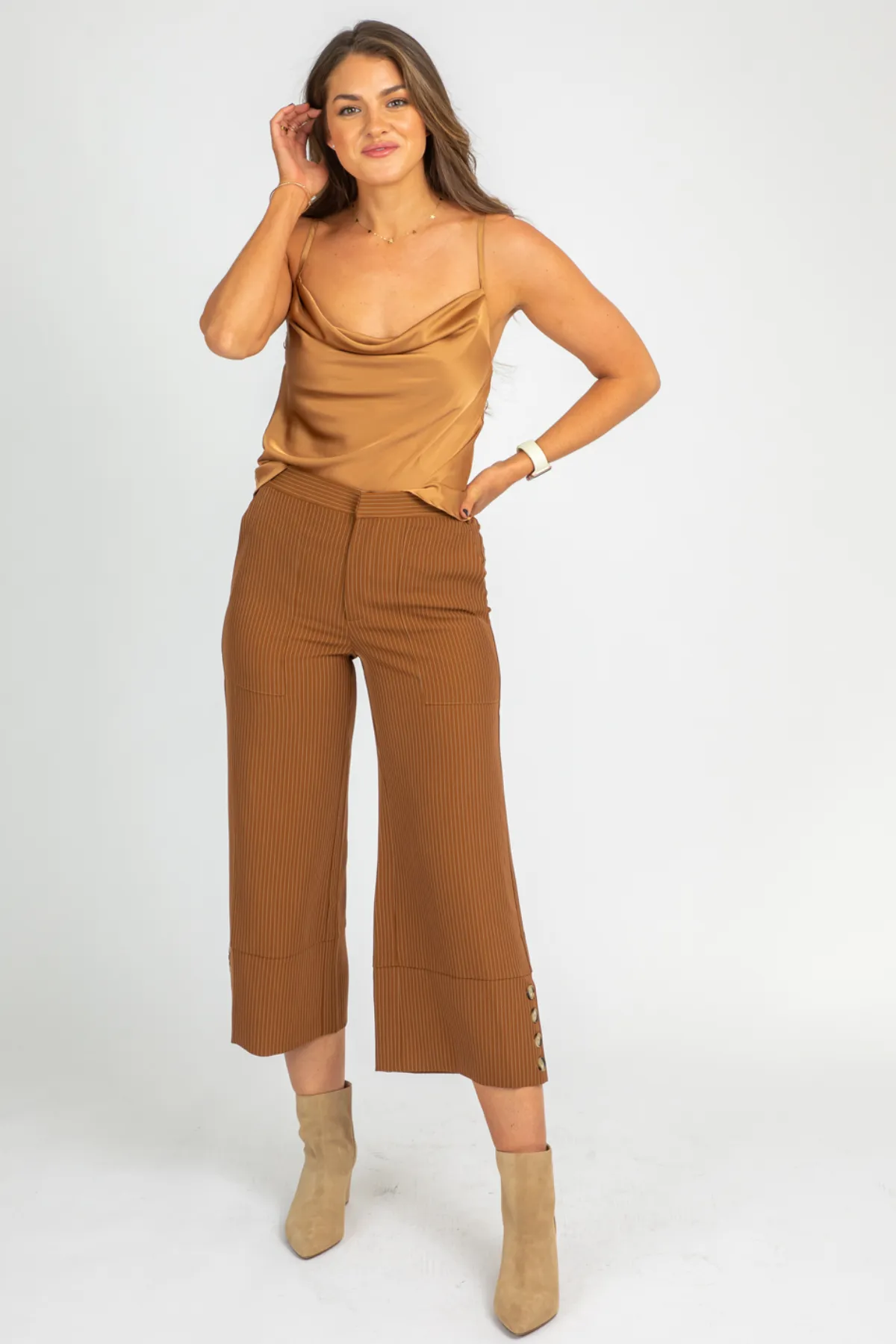CAMEL PINSTRIPE WIDE LEG TROUSERS
