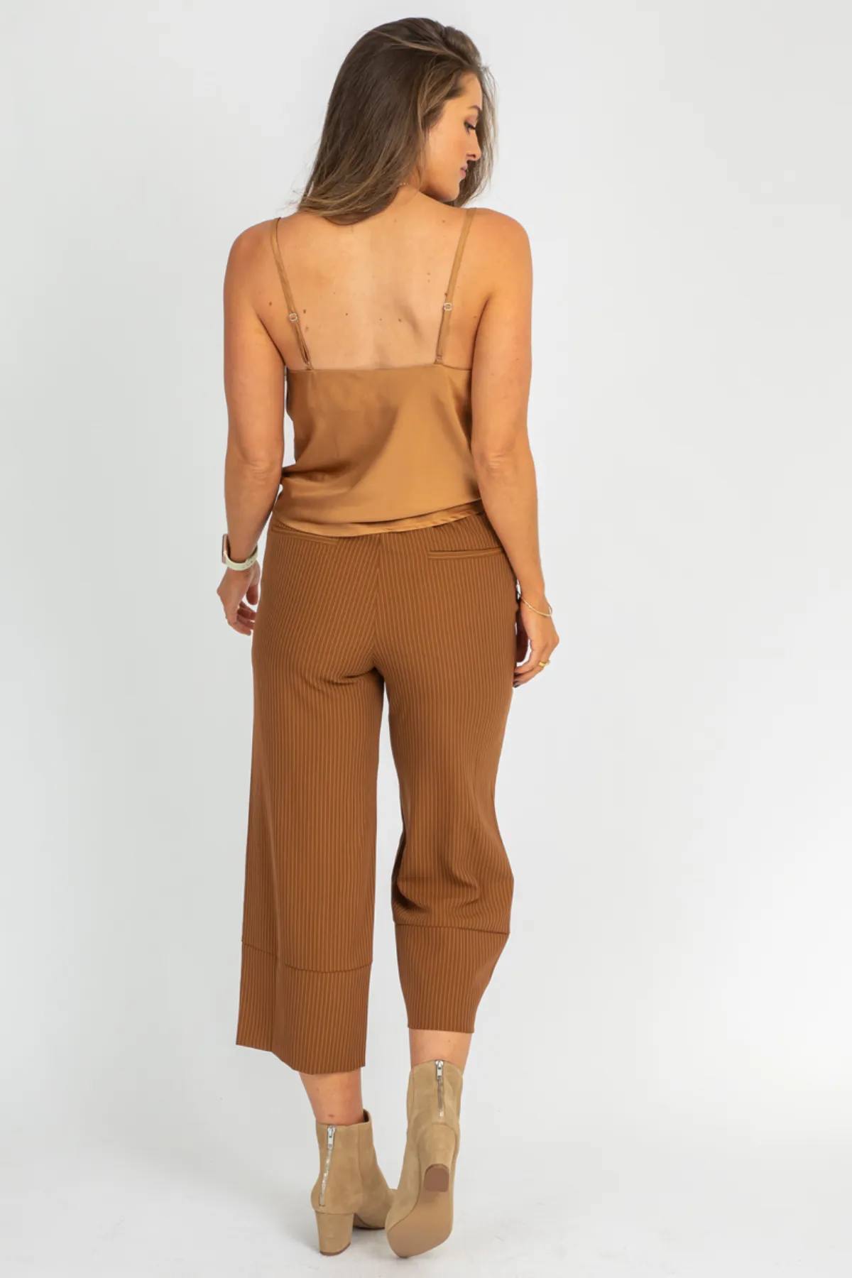 CAMEL PINSTRIPE WIDE LEG TROUSERS