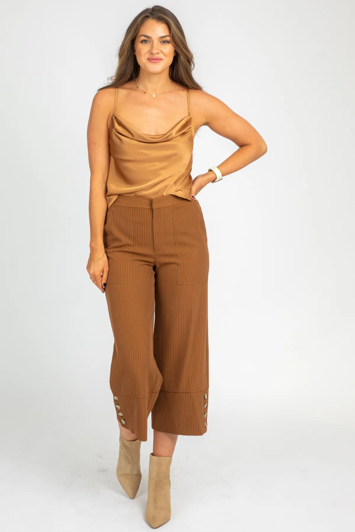 CAMEL PINSTRIPE WIDE LEG TROUSERS