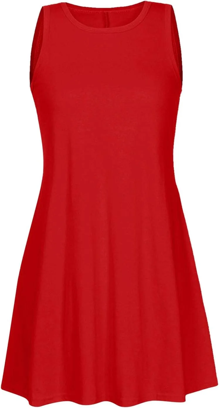 Canbebig Summer Dresses for Women Beach Solid Tshirt Sundress Sleeveless Casual Loose Swing Short Tank Dress with Pockets