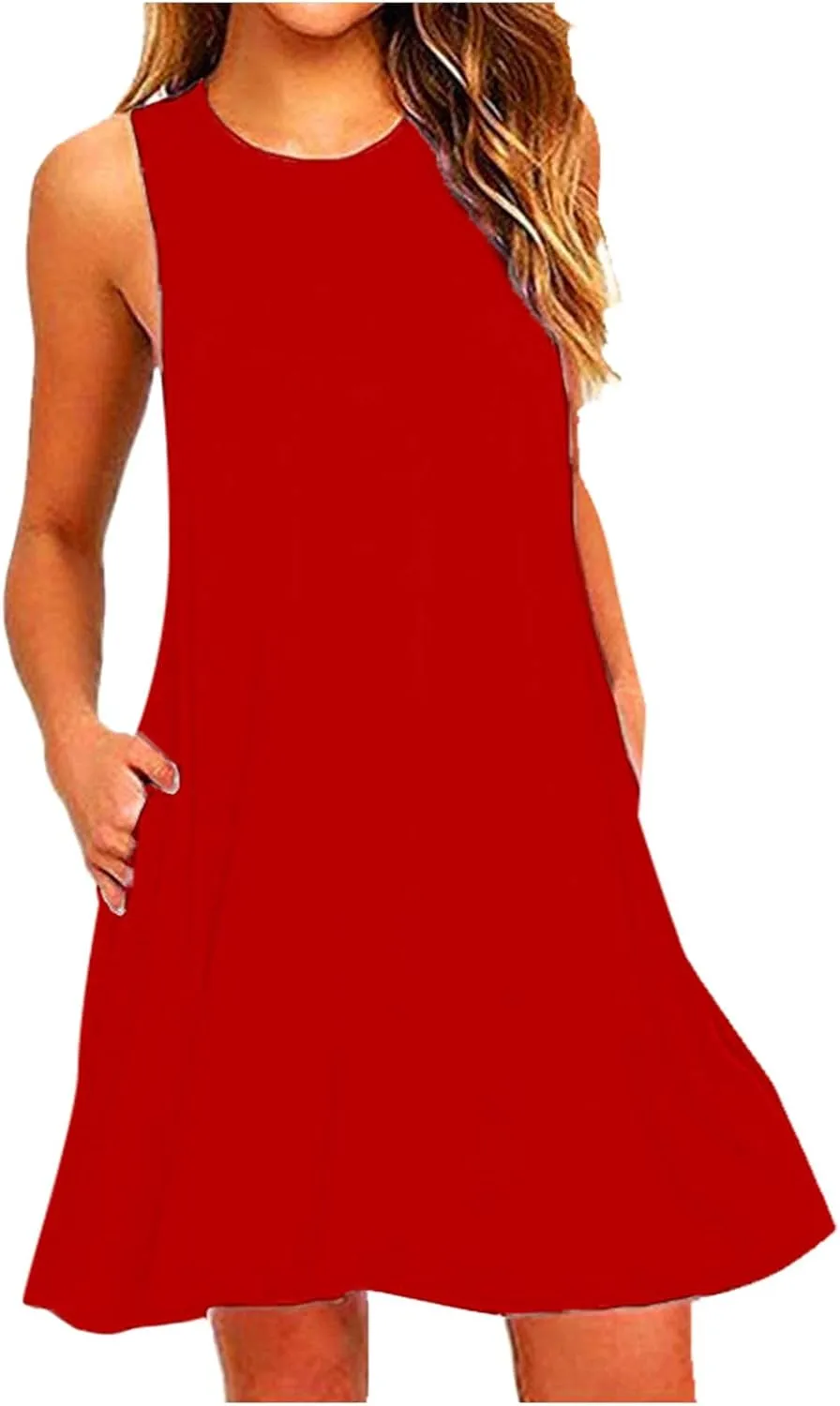 Canbebig Summer Dresses for Women Beach Solid Tshirt Sundress Sleeveless Casual Loose Swing Short Tank Dress with Pockets