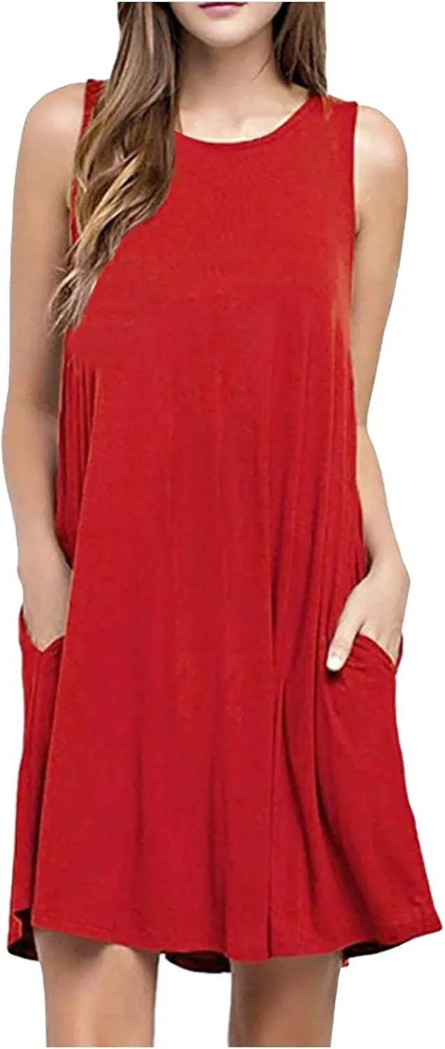 Canbebig Summer Dresses for Women Beach Solid Tshirt Sundress Sleeveless Casual Loose Swing Short Tank Dress with Pockets