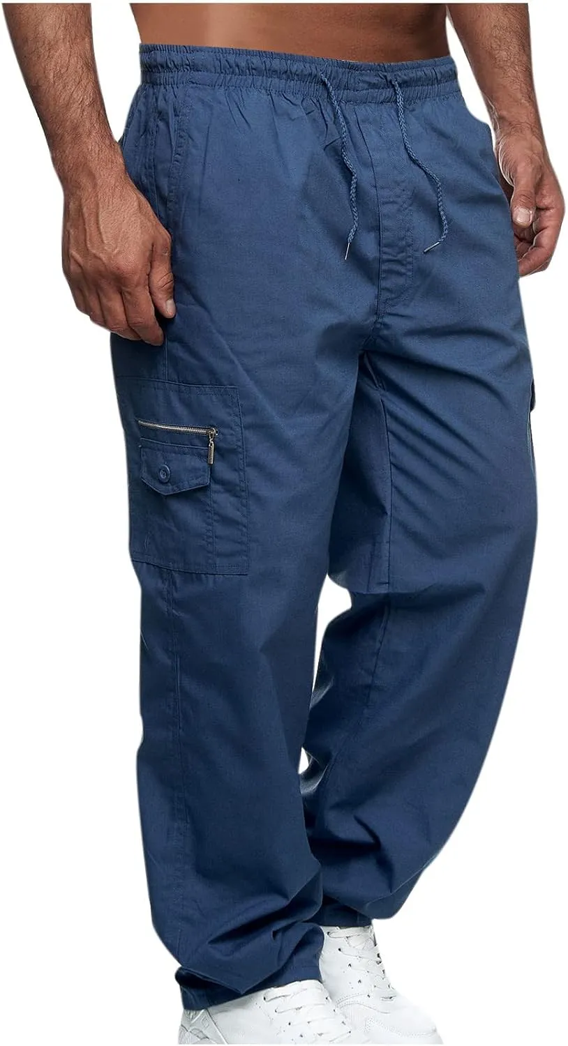 Cargo Pants for Men 2024 Trendy Multiple Pockets Sweatpants Straight Wide Leg Trousers Elastic Waist Drawstring Pants
