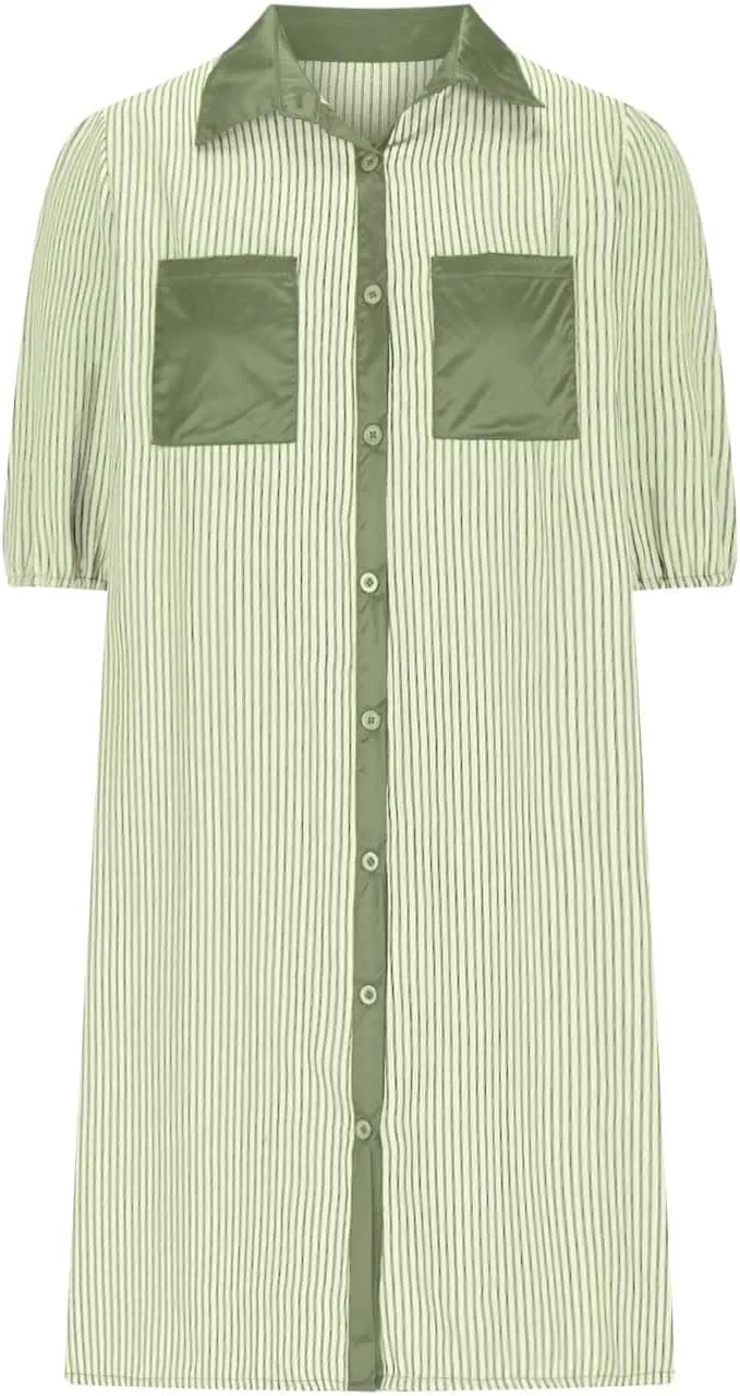 Casual Dresses for Women Comfy Lapel Neck Half Sleeve Shirt Dress Strip Button Up Mini Dress with Pockets