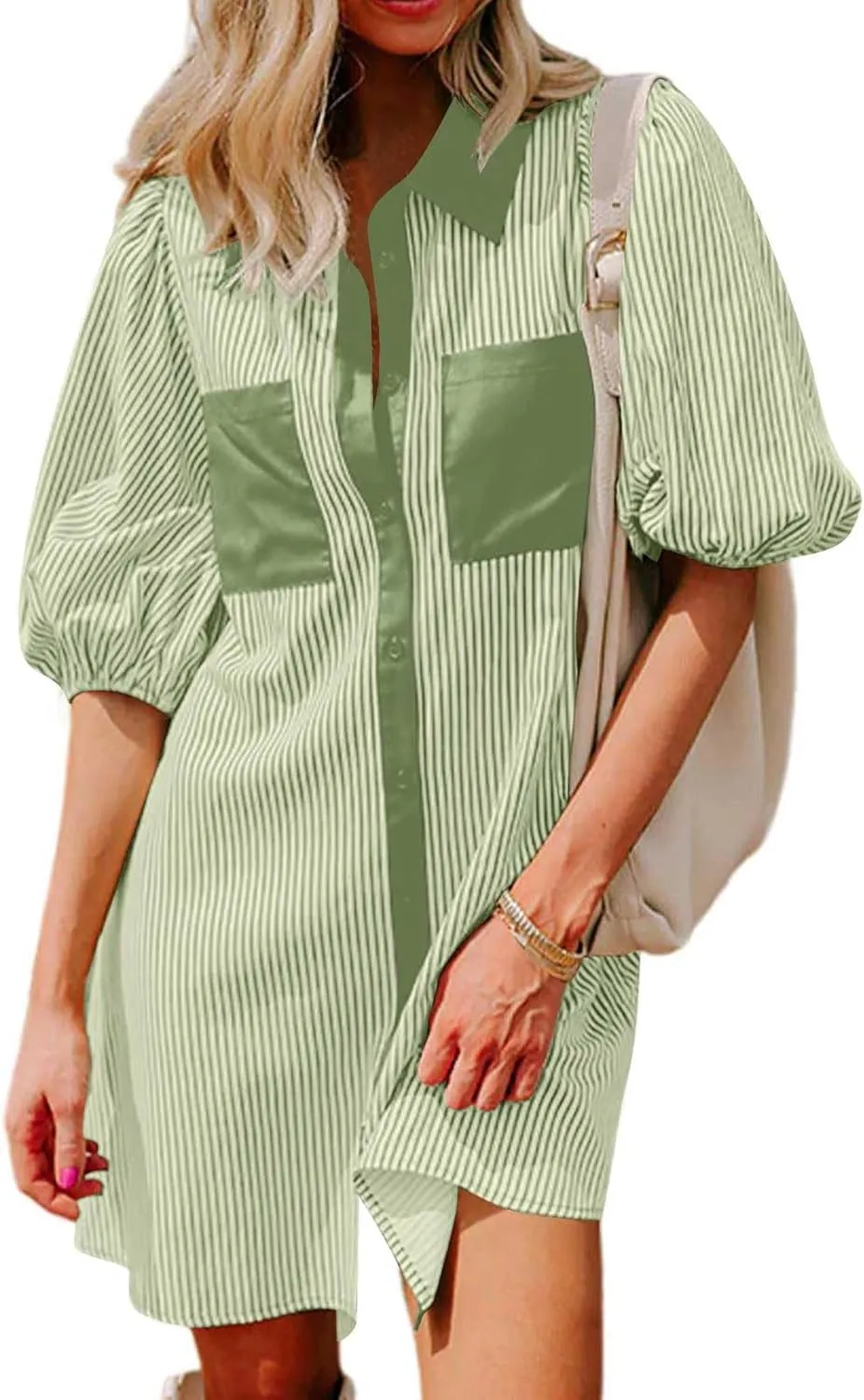 Casual Dresses for Women Comfy Lapel Neck Half Sleeve Shirt Dress Strip Button Up Mini Dress with Pockets