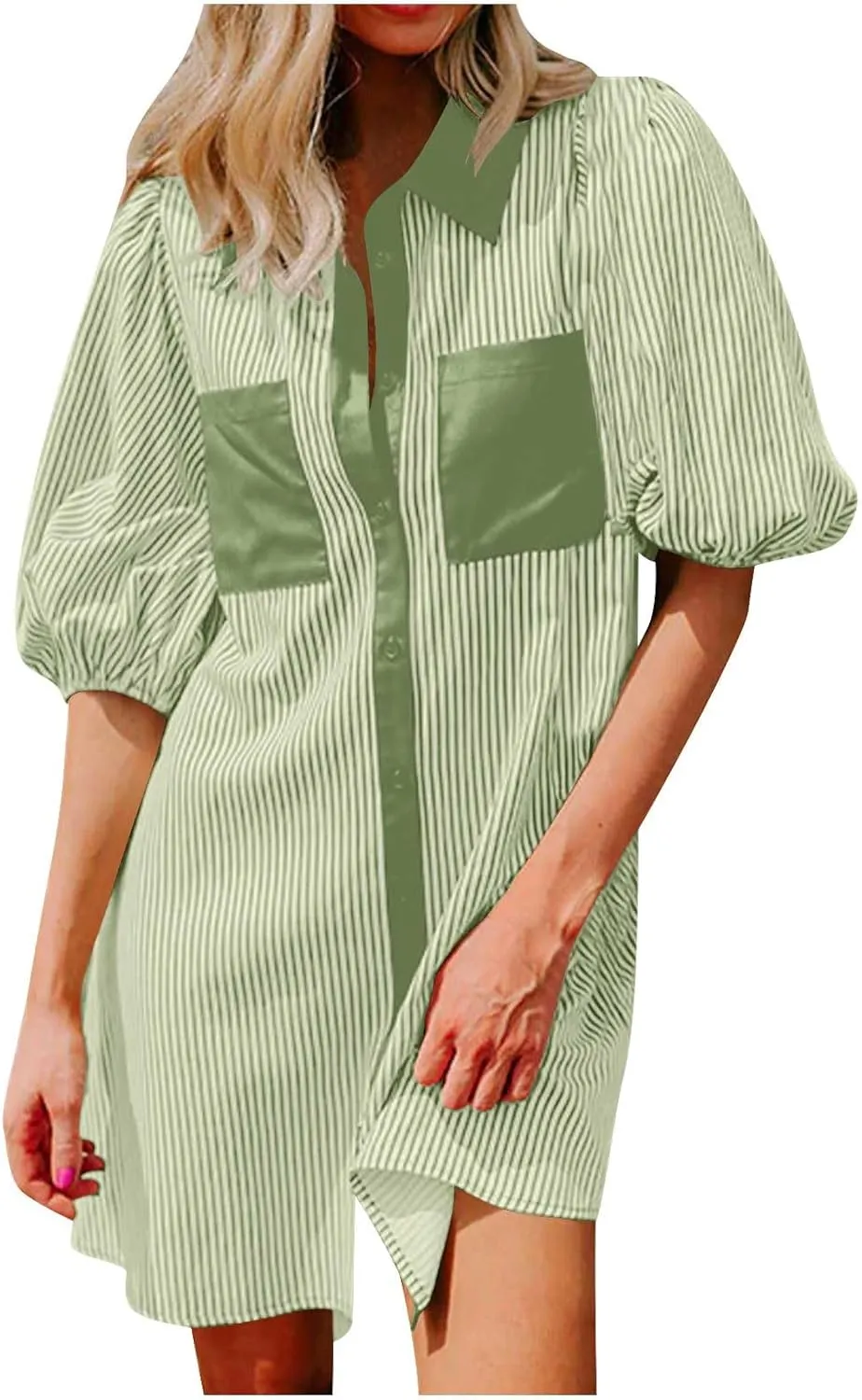 Casual Dresses for Women Comfy Lapel Neck Half Sleeve Shirt Dress Strip Button Up Mini Dress with Pockets