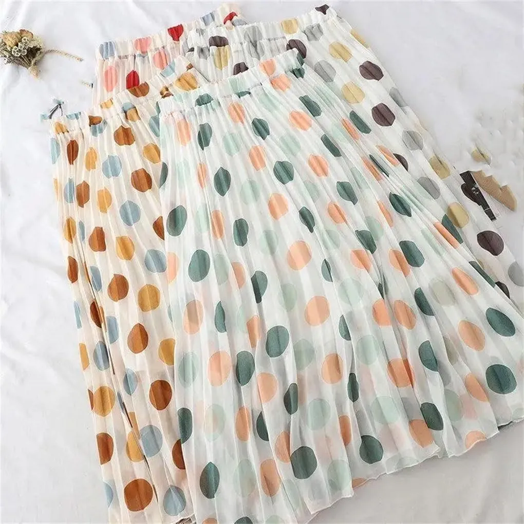 Casual Polka Dot Printed Pleated Skirt Summer Women's Loose All-Match High Waist Chiffon Midi Skirt Female Clothing