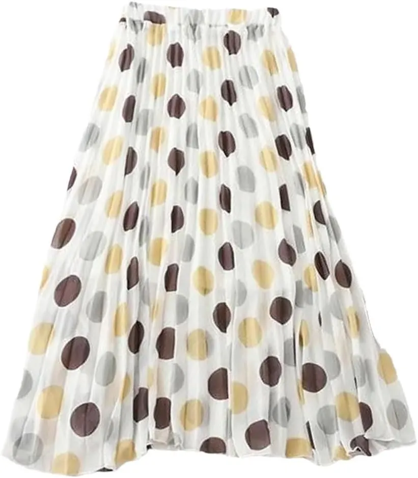 Casual Polka Dot Printed Pleated Skirt Summer Women's Loose All-Match High Waist Chiffon Midi Skirt Female Clothing