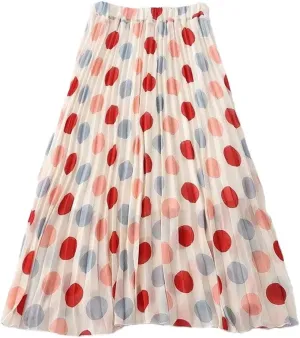 Casual Polka Dot Printed Pleated Skirt Summer Women's Loose All-Match High Waist Chiffon Midi Skirt Female Clothing