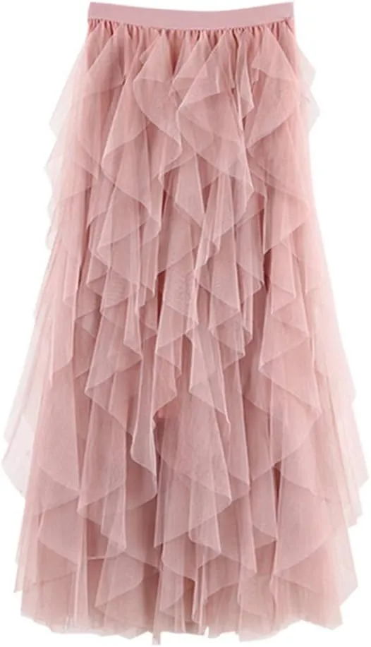 Casual Womens Comfortable Tulle High Waist Pleated Tutu Skirt Ladies Midi Skirt Band Skirt