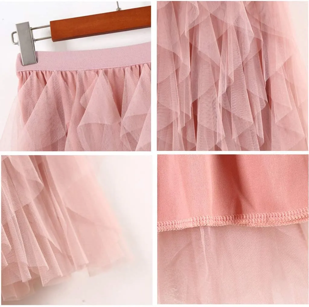 Casual Womens Comfortable Tulle High Waist Pleated Tutu Skirt Ladies Midi Skirt Band Skirt