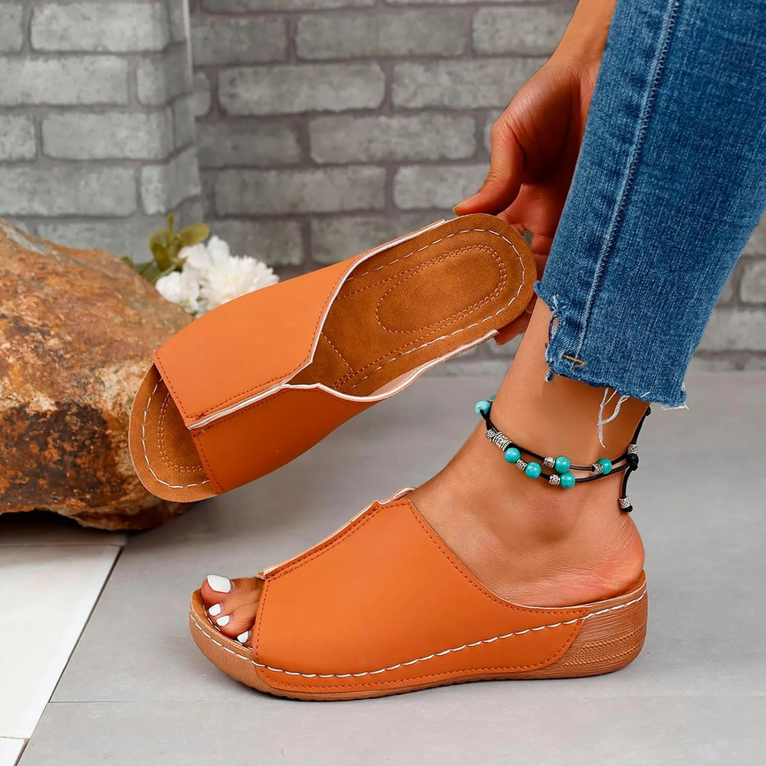 Cathalem Damping Sole Upgradation Stretch Lightweight Sandals Orthopedic Arch Support Leather Platform Wedge Sandals