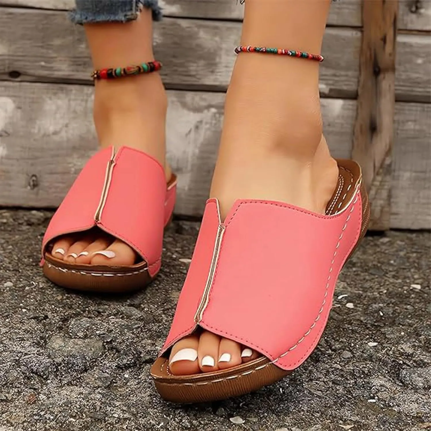 Cathalem Damping Sole Upgradation Stretch Lightweight Sandals Orthopedic Arch Support Leather Platform Wedge Sandals
