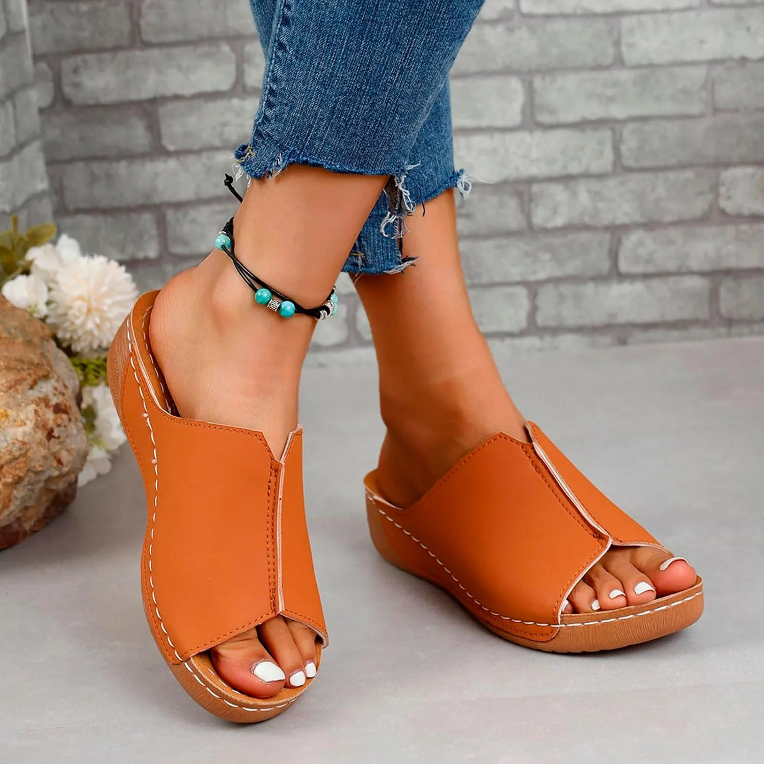 Cathalem Damping Sole Upgradation Stretch Lightweight Sandals Orthopedic Arch Support Leather Platform Wedge Sandals