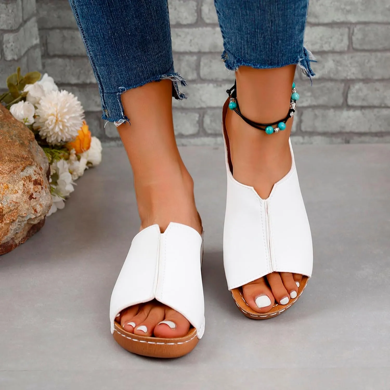 Cathalem Damping Sole Upgradation Stretch Lightweight Sandals Orthopedic Arch Support Leather Platform Wedge Sandals