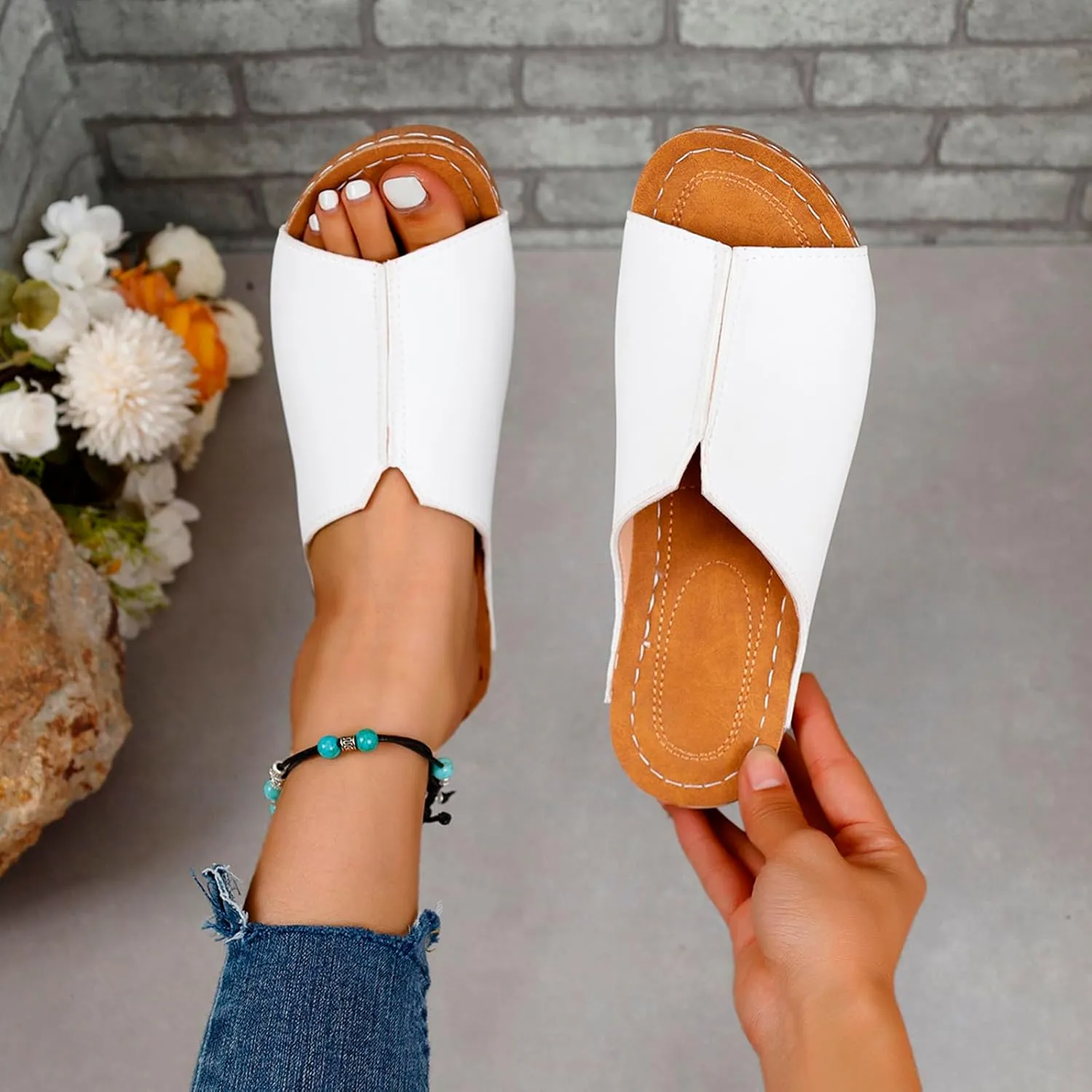 Cathalem Damping Sole Upgradation Stretch Lightweight Sandals Orthopedic Arch Support Leather Platform Wedge Sandals
