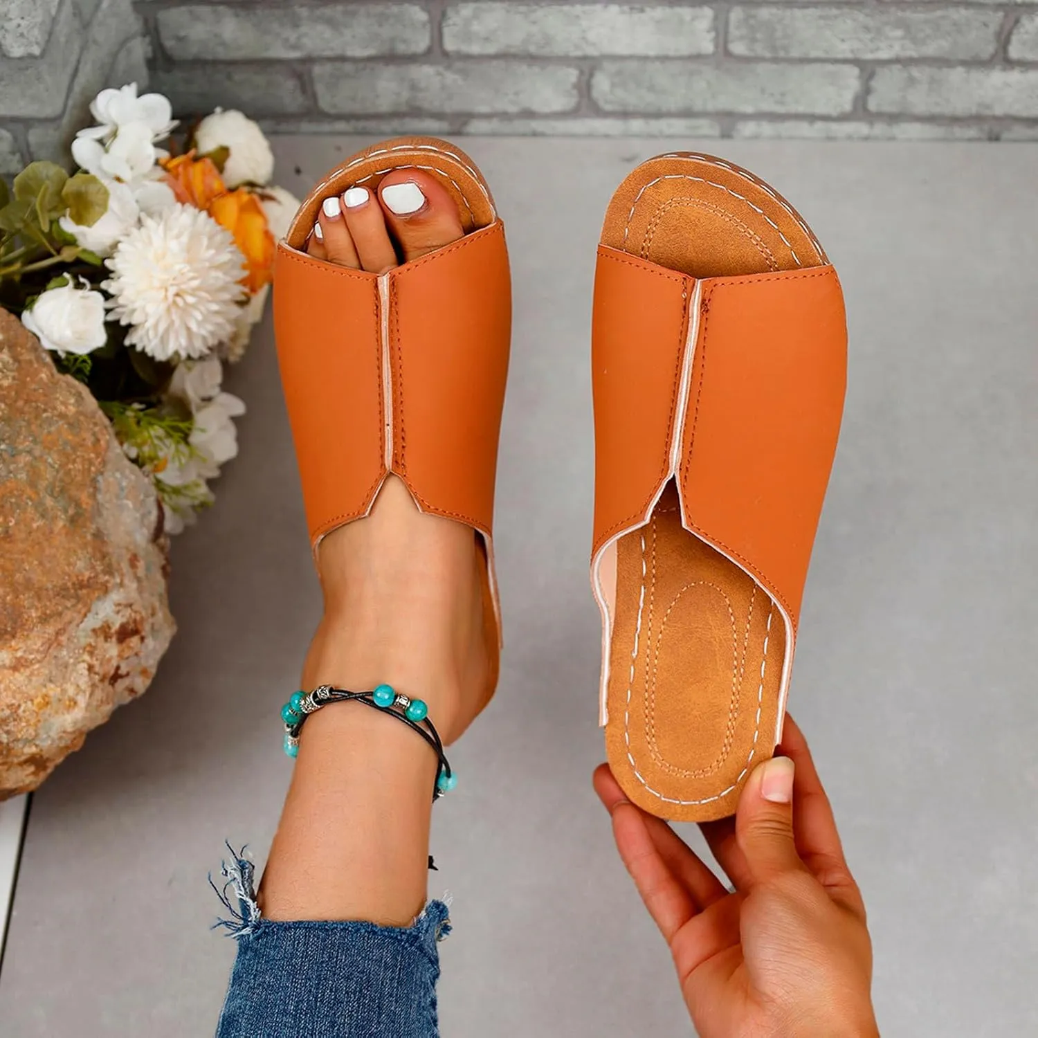Cathalem Damping Sole Upgradation Stretch Lightweight Sandals Orthopedic Arch Support Leather Platform Wedge Sandals
