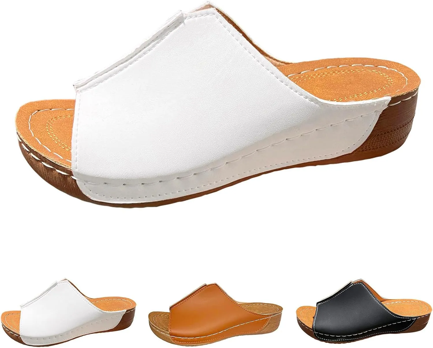 Cathalem Damping Sole Upgradation Stretch Lightweight Sandals Orthopedic Arch Support Leather Platform Wedge Sandals