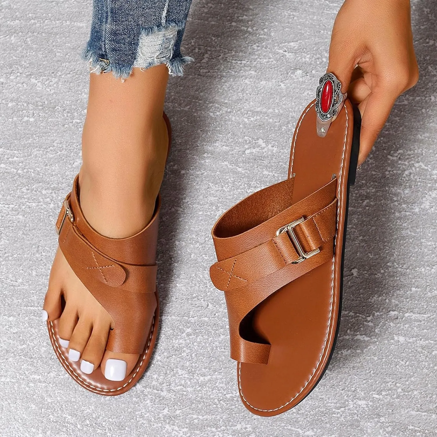 Cathalem Sandals for Women 2024 Lightweight Orthopedic Sandals Ring Loop Strap Flip Flops Flat Leather Sandals Women