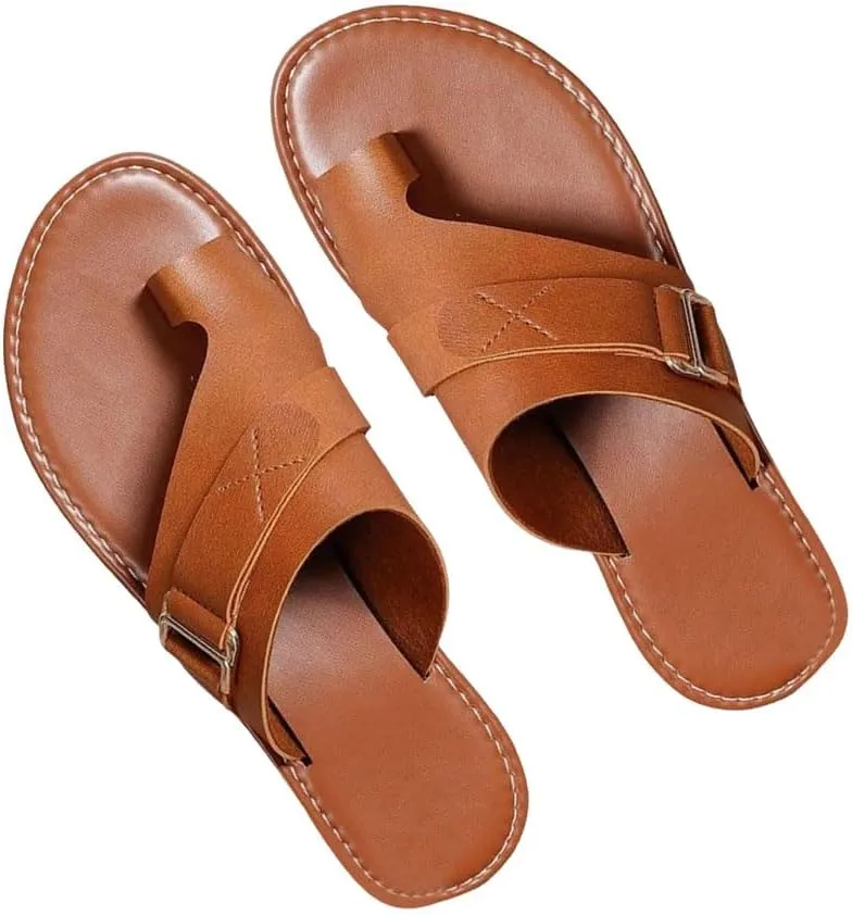 Cathalem Sandals for Women 2024 Lightweight Orthopedic Sandals Ring Loop Strap Flip Flops Flat Leather Sandals Women