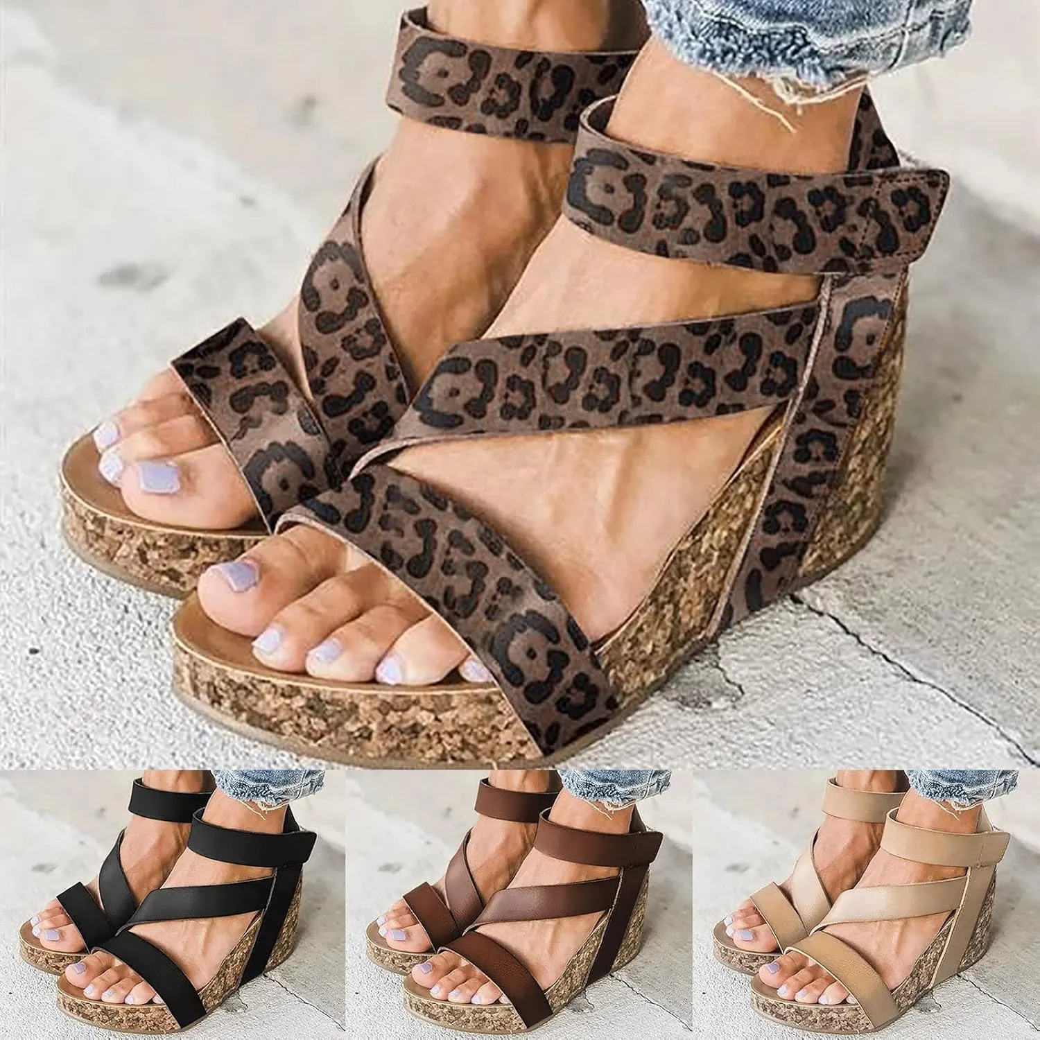 Cathalem Sandals For Women Summer Orthopedic Leather Wedge Platform Sandals Open Toe Sandals Shoes
