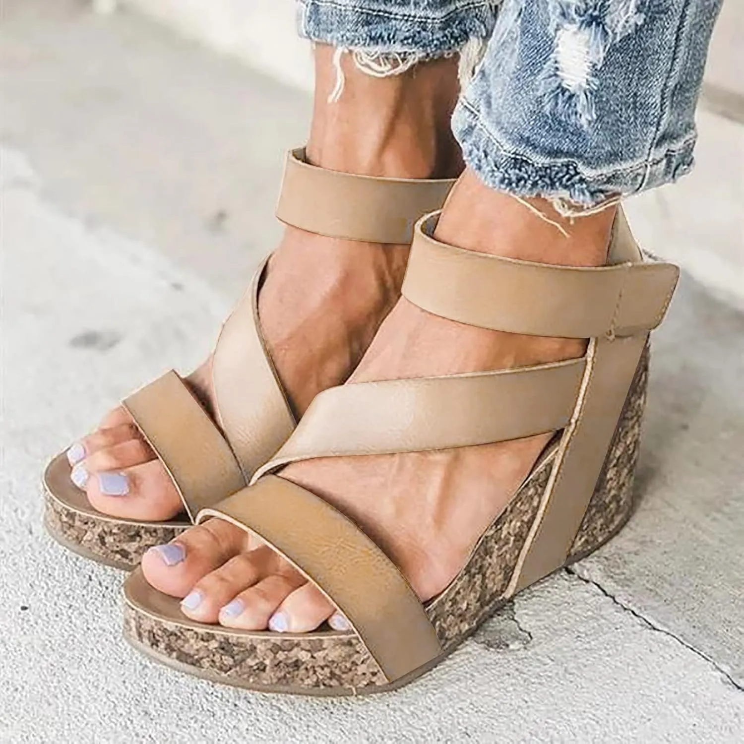Cathalem Sandals For Women Summer Orthopedic Leather Wedge Platform Sandals Open Toe Sandals Shoes