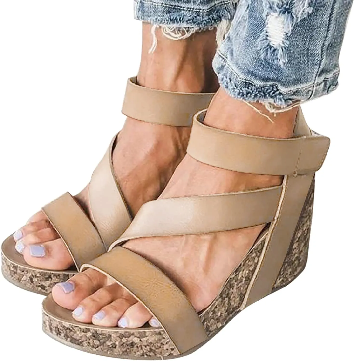 Cathalem Sandals For Women Summer Orthopedic Leather Wedge Platform Sandals Open Toe Sandals Shoes