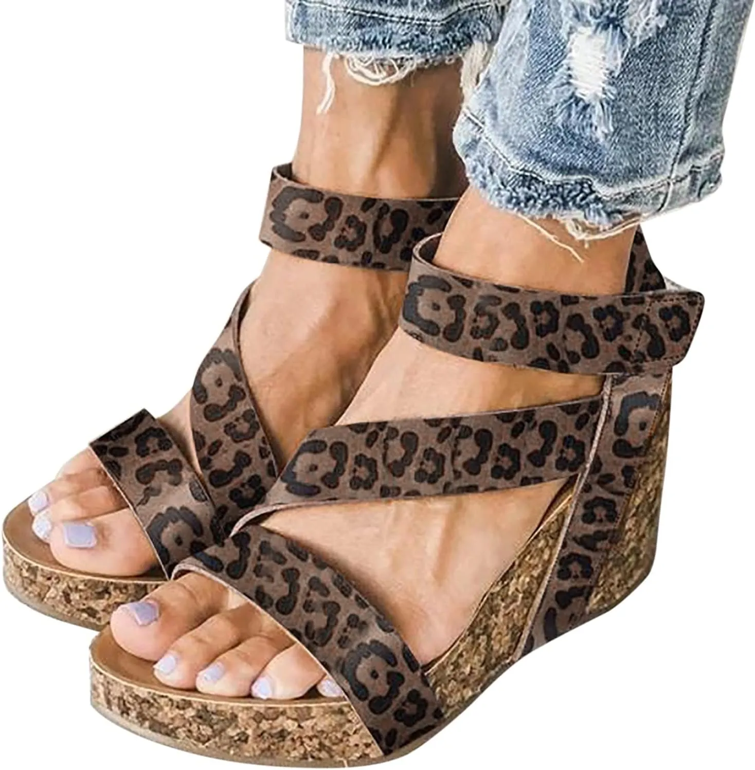 Cathalem Sandals For Women Summer Orthopedic Leather Wedge Platform Sandals Open Toe Sandals Shoes