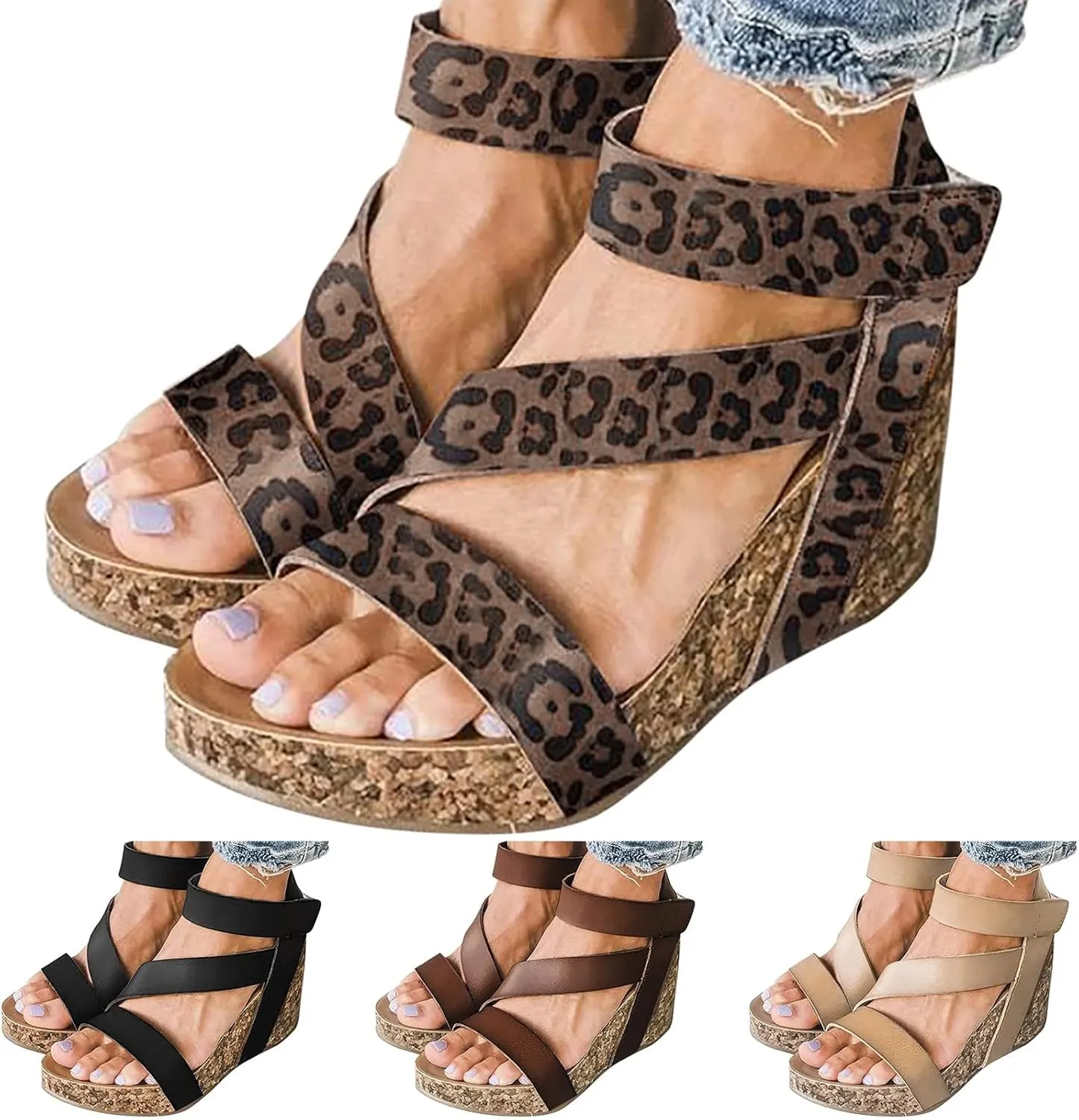 Cathalem Sandals For Women Summer Orthopedic Leather Wedge Platform Sandals Open Toe Sandals Shoes