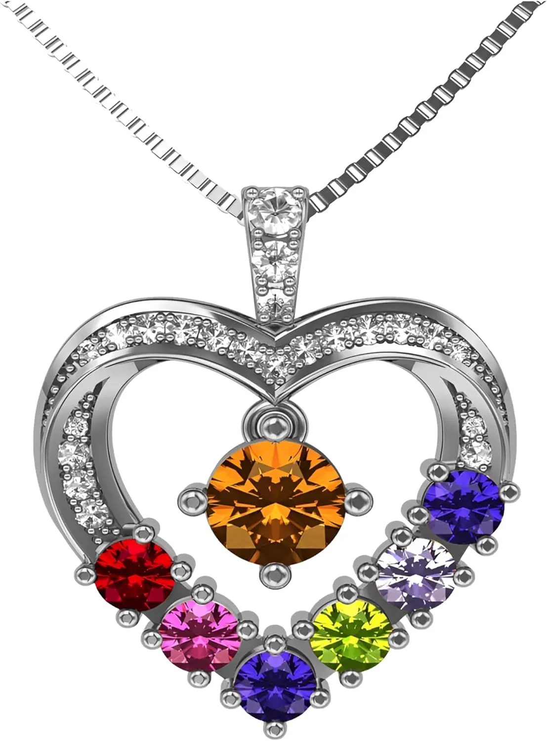 Central Diamond Center Mother & Child Heart Birthstone Necklace w/ 1-6 Simulated Gemstones in Sterling Silver, 10K, or 14K Gold