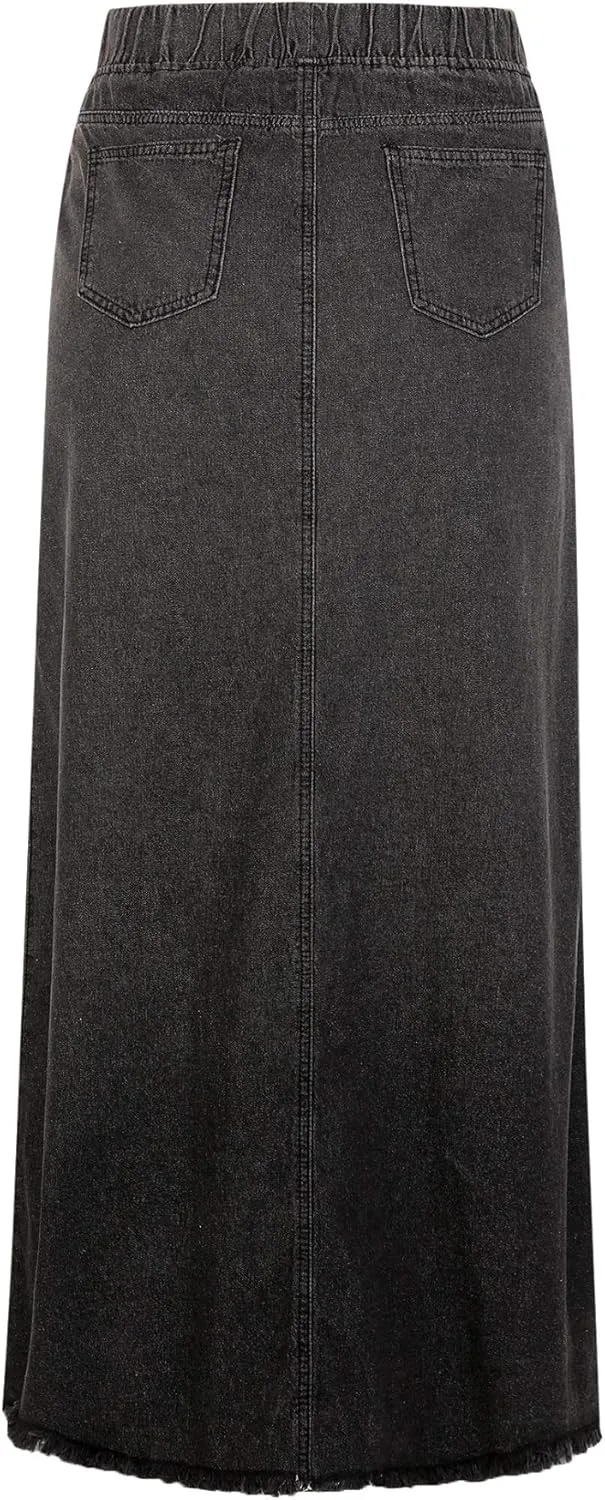 CHARTOU Women's Retro Elastic High Waist Frayed A-Line Maxi Denim Skirt with Pockets