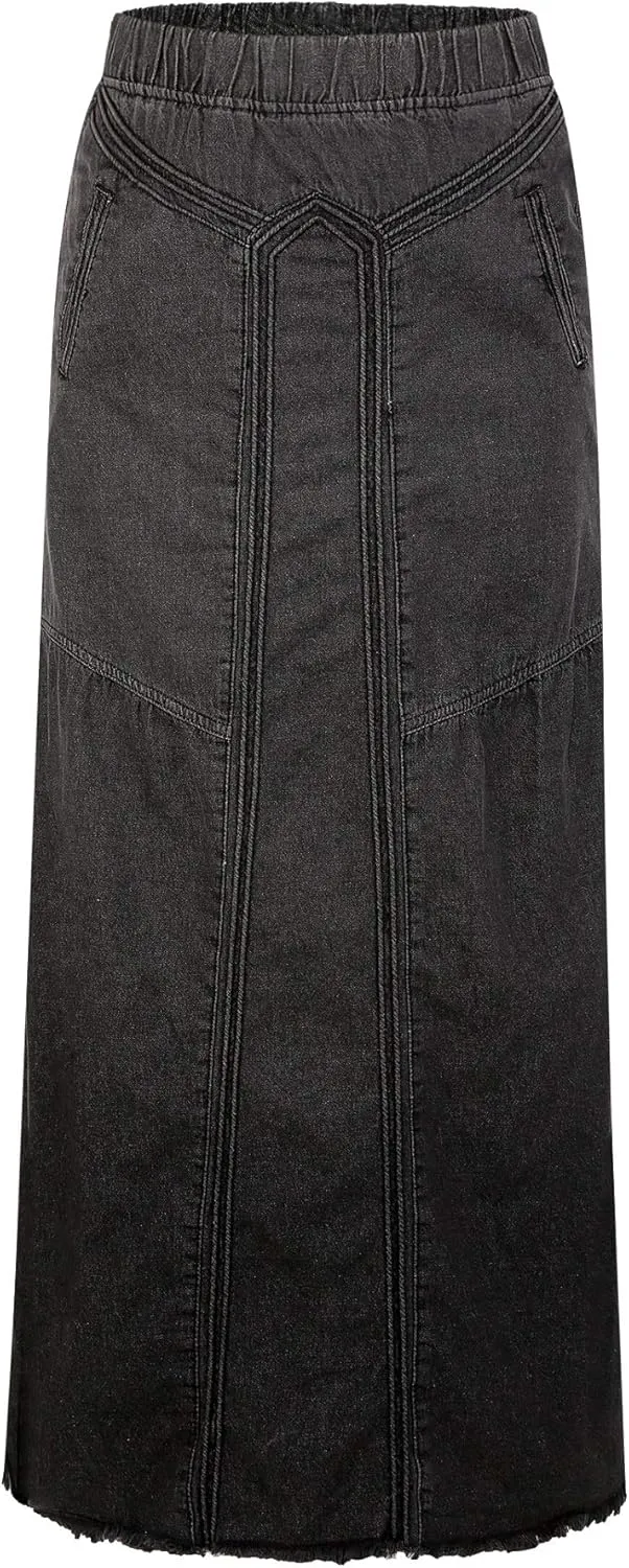 CHARTOU Women's Retro Elastic High Waist Frayed A-Line Maxi Denim Skirt with Pockets