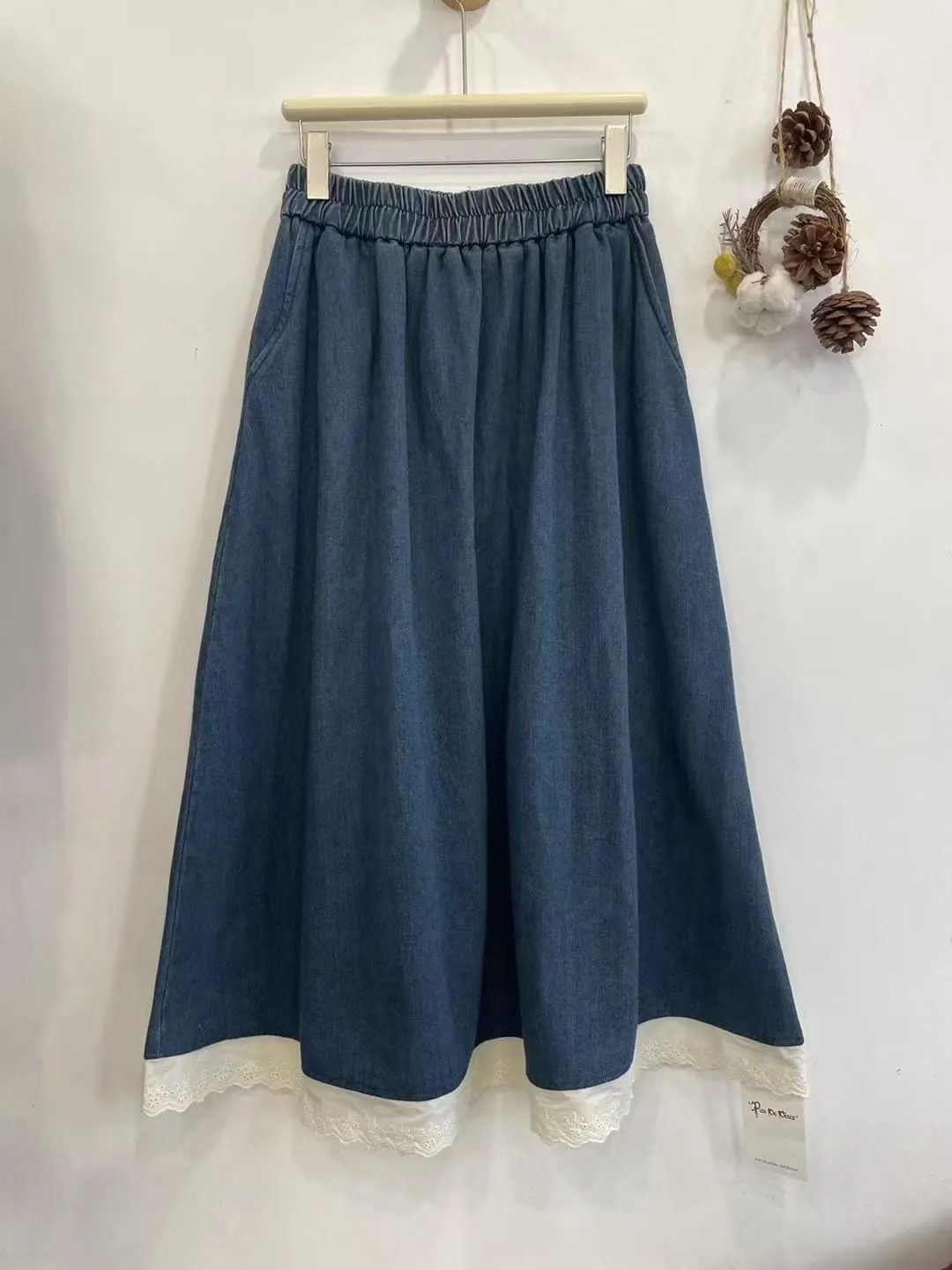 chouyatou Women's Eyelet Embroidery Ruffle Hem Denim Skirt Elastic Waist Pleated Swing Jean Midi Long Skirt
