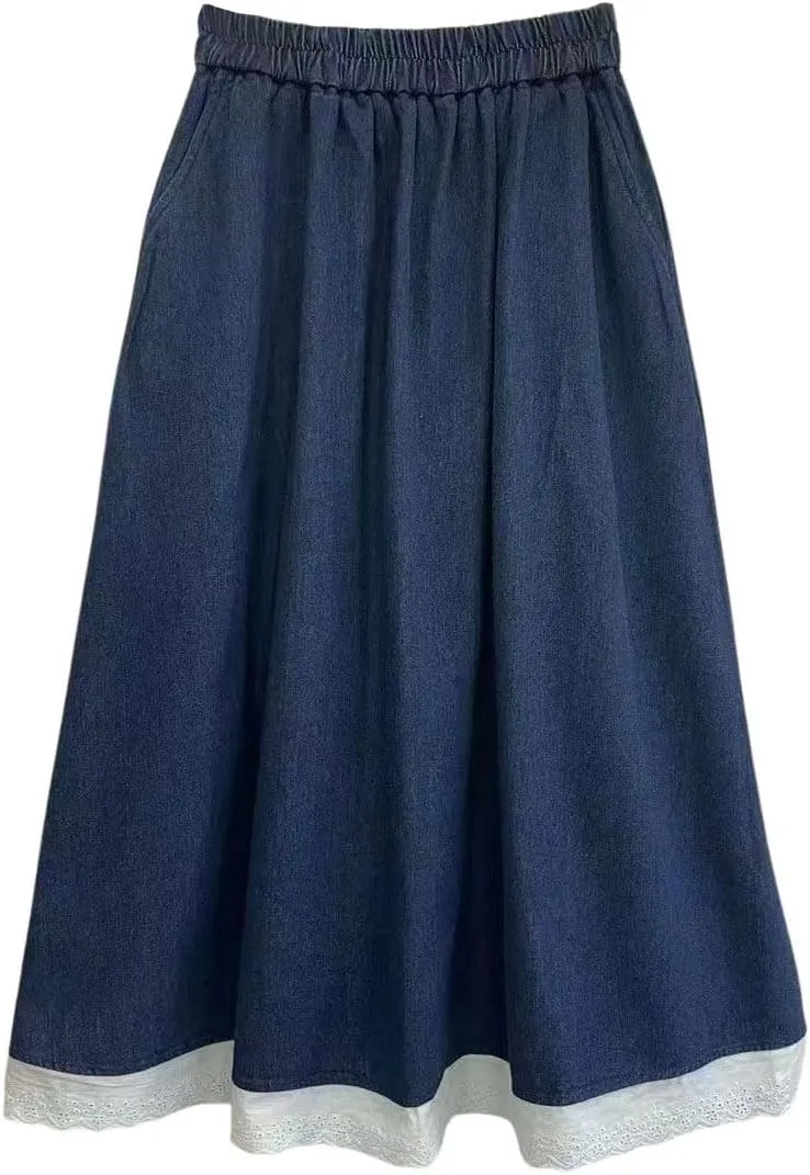 chouyatou Women's Eyelet Embroidery Ruffle Hem Denim Skirt Elastic Waist Pleated Swing Jean Midi Long Skirt