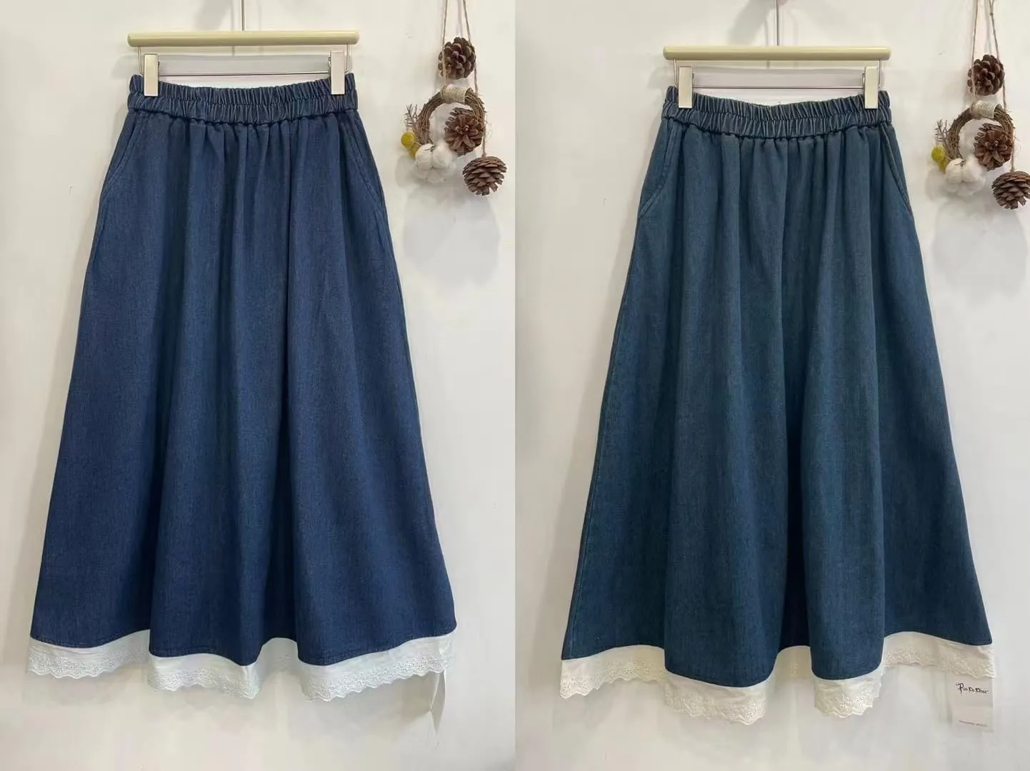 chouyatou Women's Eyelet Embroidery Ruffle Hem Denim Skirt Elastic Waist Pleated Swing Jean Midi Long Skirt