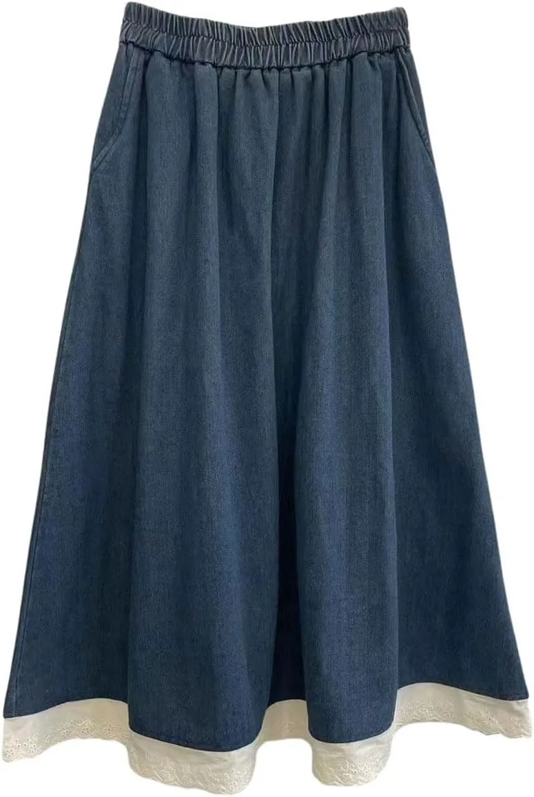 chouyatou Women's Eyelet Embroidery Ruffle Hem Denim Skirt Elastic Waist Pleated Swing Jean Midi Long Skirt
