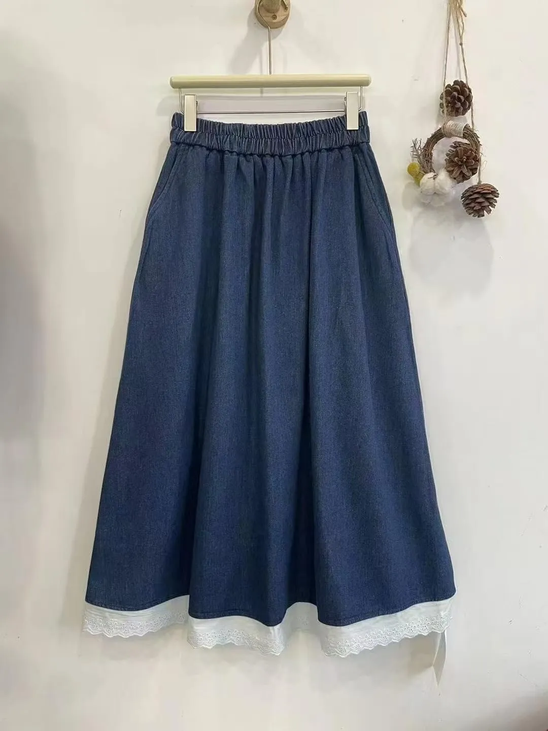 chouyatou Women's Eyelet Embroidery Ruffle Hem Denim Skirt Elastic Waist Pleated Swing Jean Midi Long Skirt
