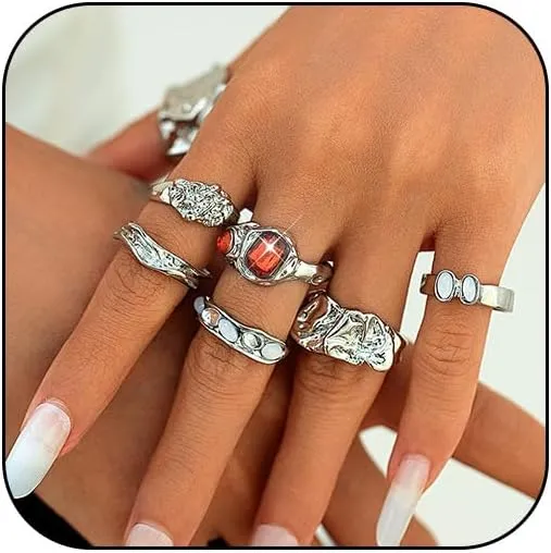 Chunky Gold Vintage Rings Set for Women Silver Statement Stackable Big Red Crystal Cocktail Nugget Thumb Pinky Knuckle Finger Ring Stacks Jewelry