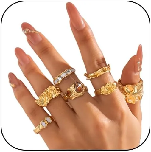 Chunky Gold Vintage Rings Set for Women Silver Statement Stackable Big Red Crystal Cocktail Nugget Thumb Pinky Knuckle Finger Ring Stacks Jewelry