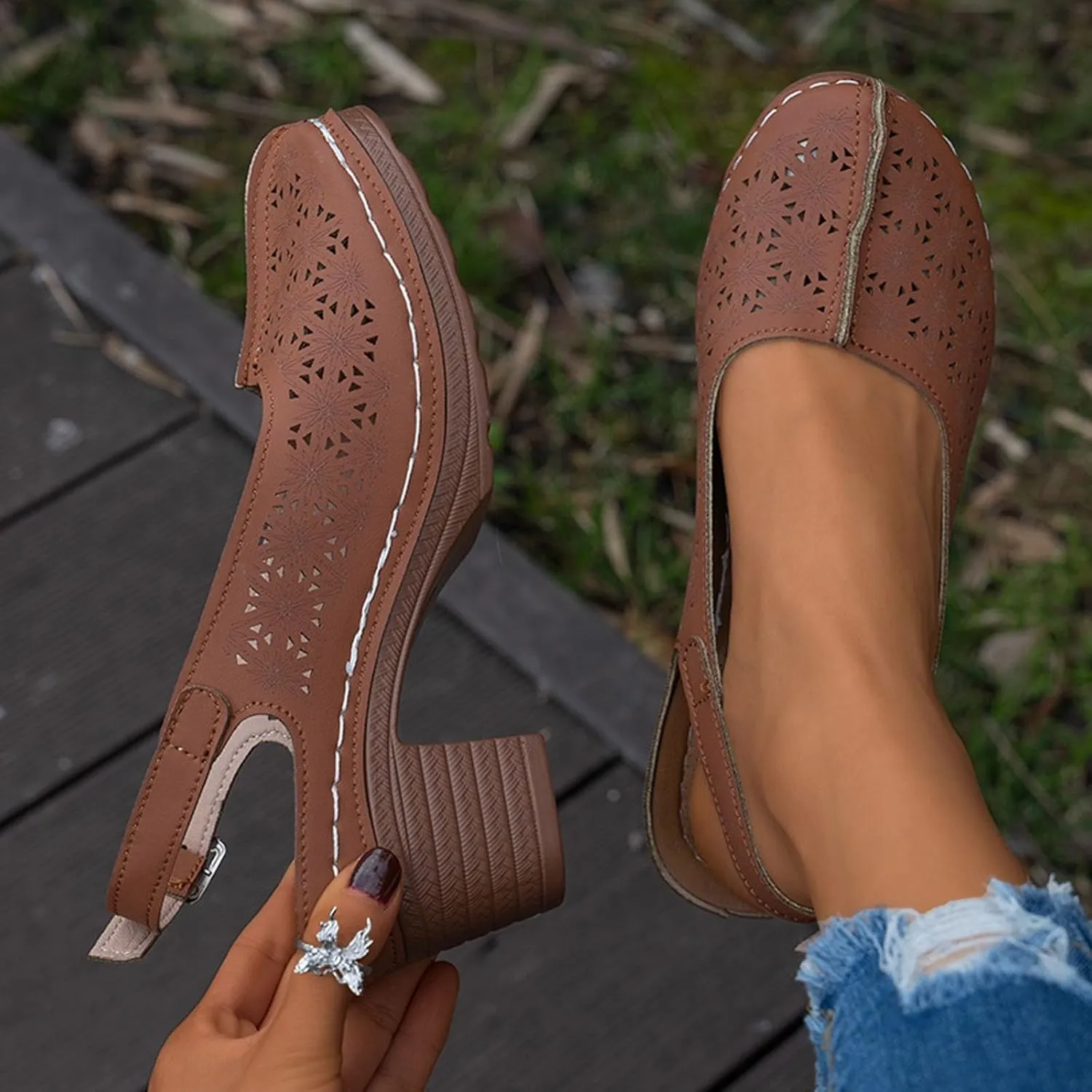 Chunky Heel Sandals for Women Hollow Out Breathable Heeled Sandals Closed Round Toe Dress Shoes, Summer Casual Comfortable Ankle Strap Slingback Sandal All Day Comfort