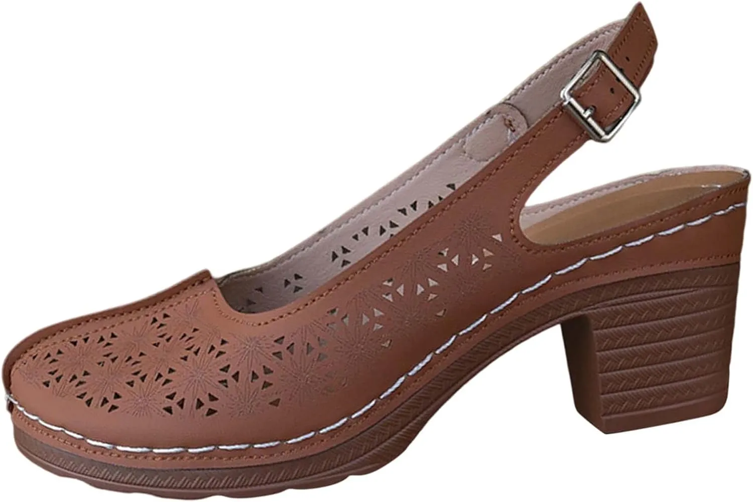 Chunky Heel Sandals for Women Hollow Out Breathable Heeled Sandals Closed Round Toe Dress Shoes, Summer Casual Comfortable Ankle Strap Slingback Sandal All Day Comfort
