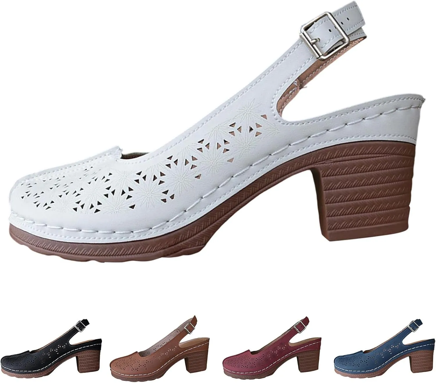 Chunky Heel Sandals for Women Hollow Out Breathable Heeled Sandals Closed Round Toe Dress Shoes, Summer Casual Comfortable Ankle Strap Slingback Sandal All Day Comfort