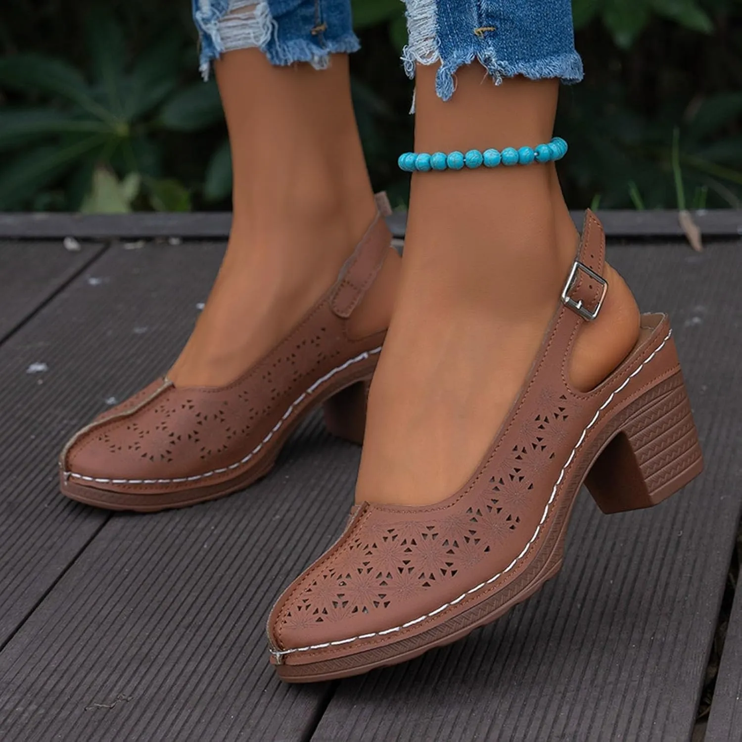 Chunky Heel Sandals for Women Hollow Out Breathable Heeled Sandals Closed Round Toe Dress Shoes, Summer Casual Comfortable Ankle Strap Slingback Sandal All Day Comfort