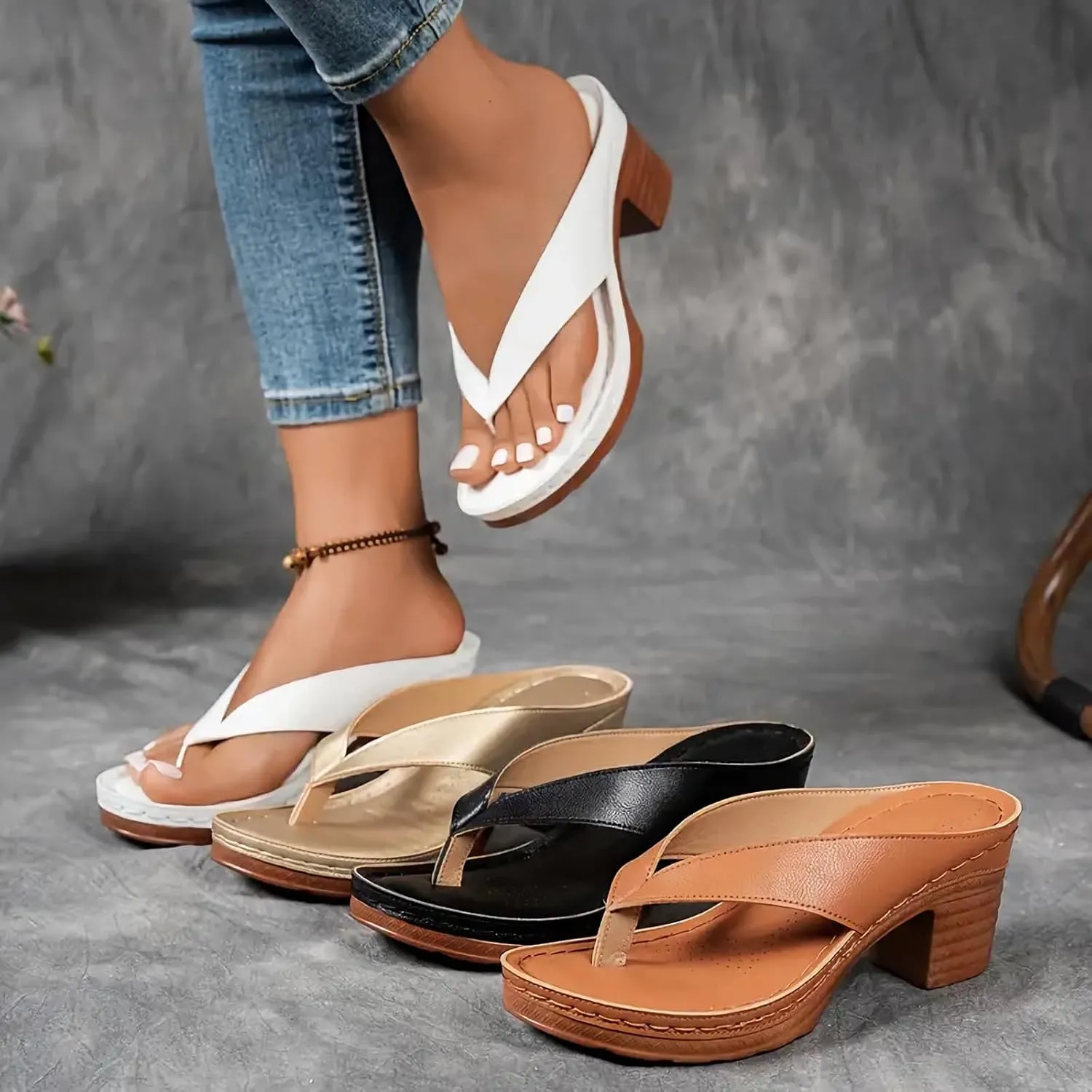 Chunky Heel Sandals for Women Summer Casual Clip Toe Flip Flops Women Comfortable Wedge Arch Support Flip Flops Fashion Breathable Orthopedic Sandals